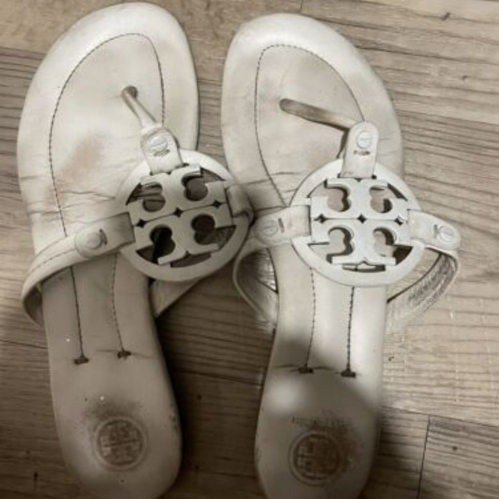 Tory Burch Miller White Leather Sandals Flip Flops Shoes Size 8 M $235